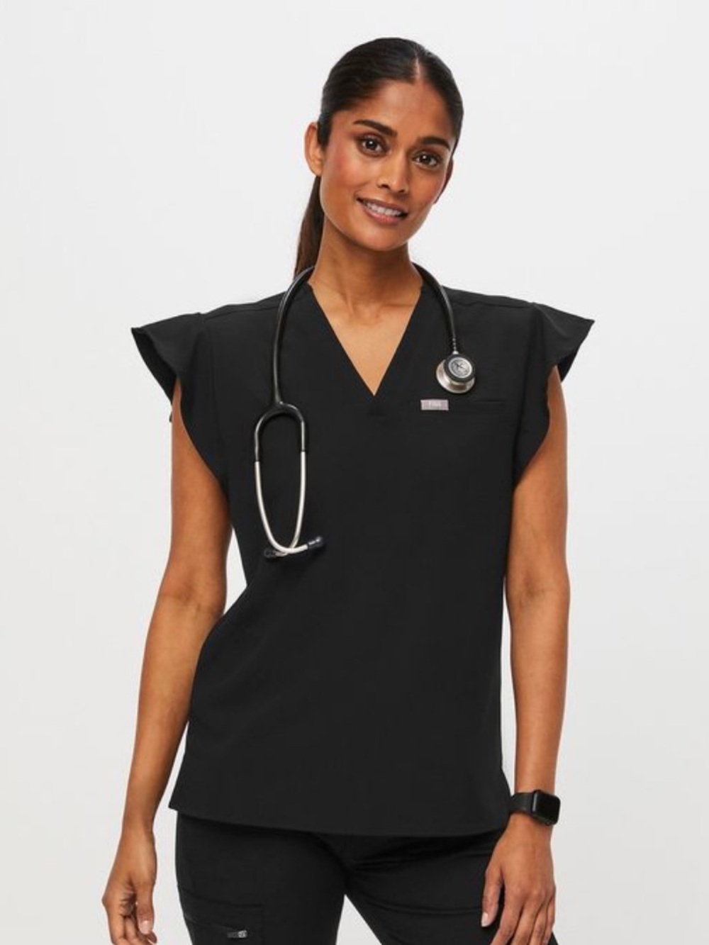 Figs Natal Flutter Scrub Top in black